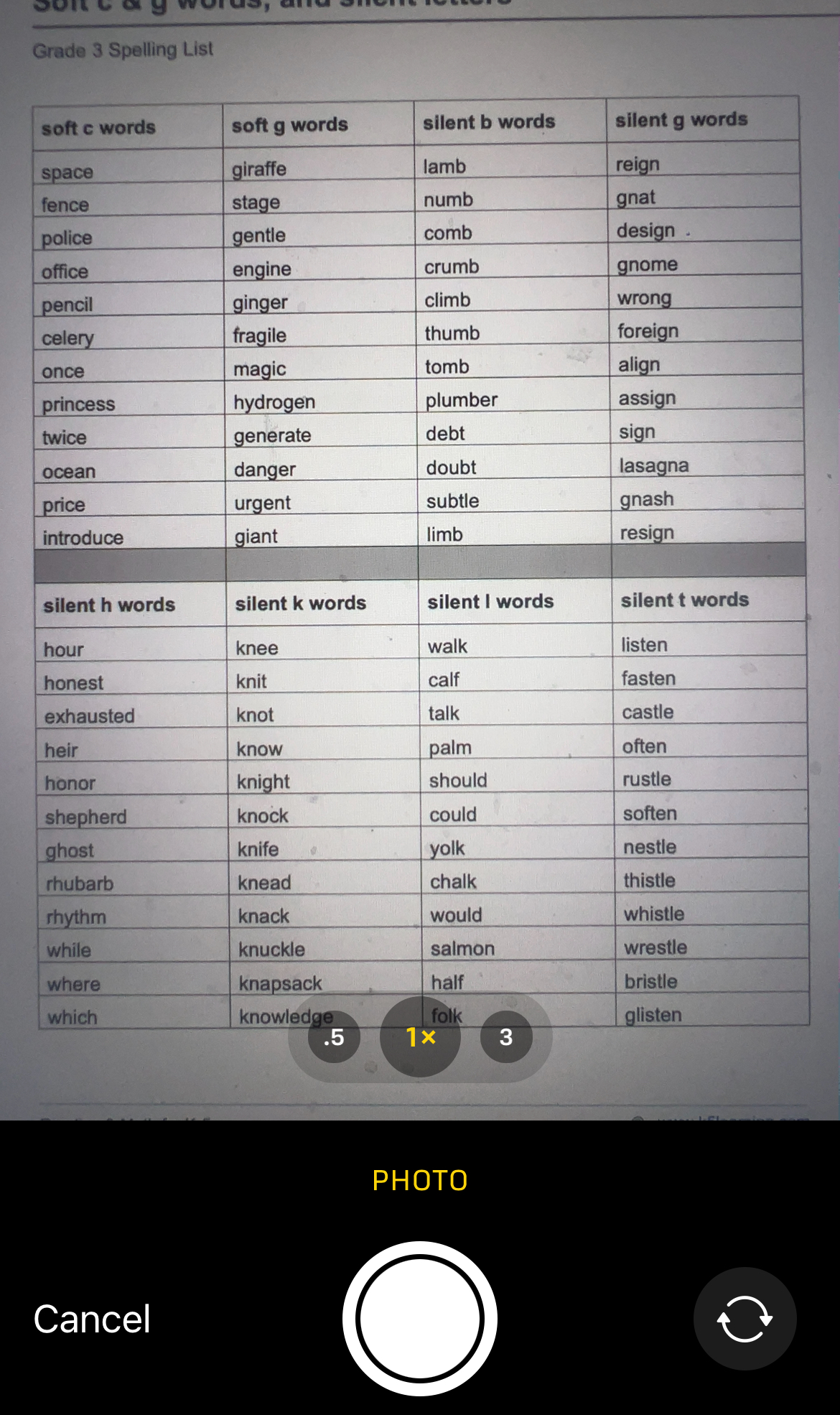 Camera scanning a word list